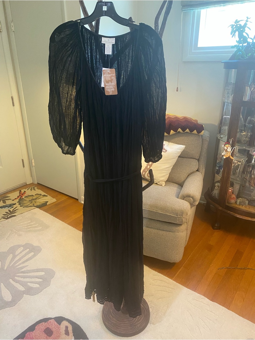 Sheer Black Cotton Maxi Dress with Puff Sleeves XLP. NWT